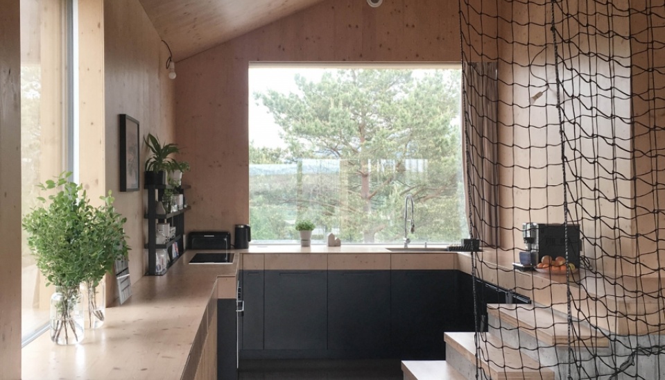 Interiér – kuchyňa – pracovná plocha zo smrekovej biodosky nadväzuje plynule na podlahu obývacej časti, foto: archív autorov