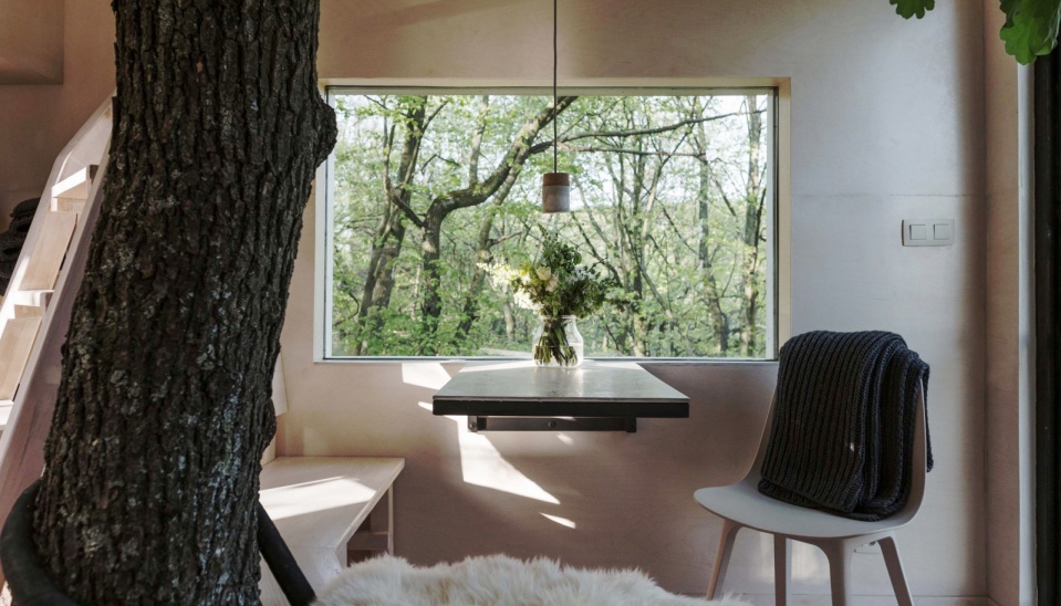 Interiér Dubodomu, jednoduchý a účelný dizajn, svetlé materiály kontrastujúce s tmavým dubom, foto: Dominik Sepp